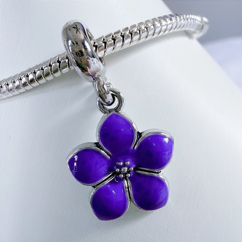 Purple Flower‎ Dangle Silver Bead Charm Fits Snake Chain Bracelet